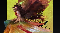 Sun wings feathers Profile fangs red eyes sitting bows skirts 