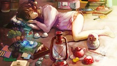 Sun woman Anime sleeping lanterns skirts anime girls artwork 