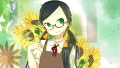 Sunflowers glasses green eyes black hair meganekko twintails 