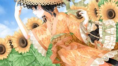 Sunflowers kimono anime girls lolita fashion black hair black 