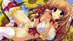 Sunflowers Ribbons long hair anime girls brown eyes brunettes 