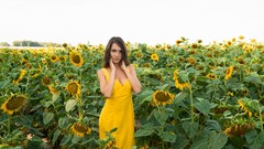 Sunflowers woman fields outdoors brunettes yellow dress Met-Art 
