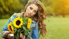 Sunflowers woman outdoors blondes