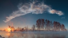Sunrise fog Trees winter clouds reflections rivers