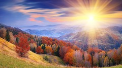 Sunrise leaves Mountains autumn forests
