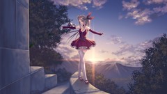 Sunrise Mountains Anime dress Ribbons red dress balance blondes 