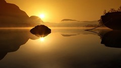 Sunrise nature silhouettes rocks lakes reflections
