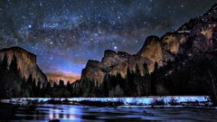 Sunrise nature Trees water Stars blue Mountains clouds sky 