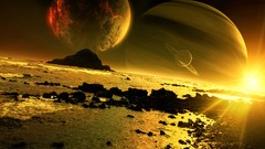Sunrise planets golden science fiction outer space digital art