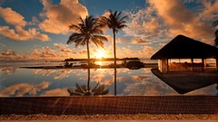 Sunrise Sea ocean palm trees reflections houses tropical 