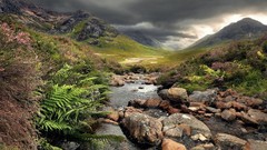 Sunrise sunset Trees Mountains clouds skies forests snowy peaks 