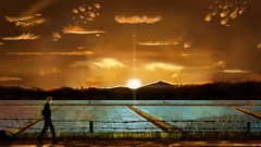 Sunrise sunset yellow sun Mountains clouds heaven Anime streets 