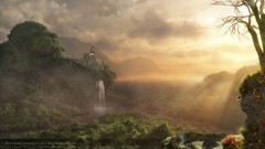 Sunrise Trees Mountains clouds jungle waterfalls graphics 