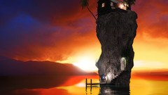 Sunrise Trees ocean rocks houses