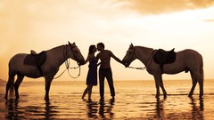 Sunset Animals water Horses couple lovers