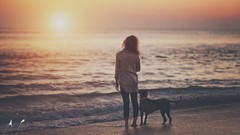 Sunset Animals woman Dogs Beaches
