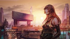 Sunset Anime cities long hair anime girls brown eyes brunettes 