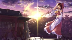 Sunset anime girls hakurei reimu touhou miko shrine Japanese 