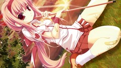 Sunset Anime red eyes skirts pink hair long hair short hair 