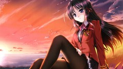 Sunset Anime skirts long hair school uniforms skies