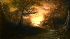 Sunset autumn hut artwork