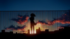 Sunset blue clouds sky pink woman Anime cloud Manga shadows 