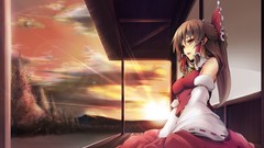 Sunset brown bows barefoot anime girls hakurei reimu touhou 