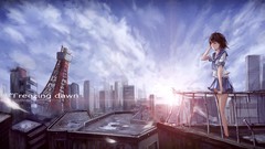 Sunset buildings anime girls brunettes school uniforms short 