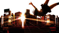 Sunset buildings falling skies