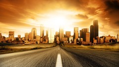 Sunset cityscapes buildings roads