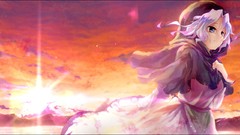 Sunset clouds Anime dress white hair long hair blue eyes short 