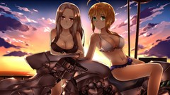 Sunset clouds Anime motor saber red eyes blondes blush long 