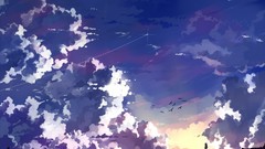 Sunset clouds Birds anime girls