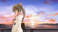 Sunset clouds brown scarfs long hair anime girls blue eyes 
