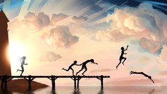 Sunset clouds children swimming artwork lighthouses