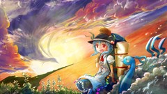 Sunset clouds dress hats red eyes Pokemon blue hair anime girls 