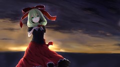 Sunset clouds dress red dress bows outdoors long hair anime 