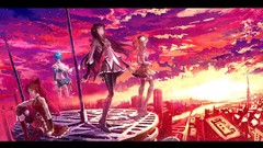 Sunset clouds dress red eyes blue hair long hair anime girls 