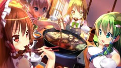 Sunset clouds food Anime brown red eyes blush long hair blue 