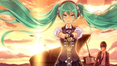 Sunset clouds headphones piano guitars long hair anime girls 