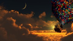 Sunset clouds moon Balloons houses pixar artwork digital art Up 