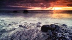 Sunset clouds rocks Beaches sunlight skyscapes long exposure