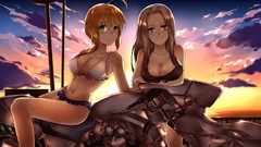 Sunset clouds saber red eyes blondes long hair anime girls 
