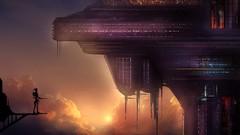 Sunset clouds silhouettes buildings science fiction skies 