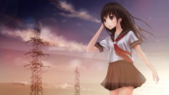 Sunset clouds sky blush brown eyes seifuku