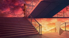Sunset clouds sky paper tie stairs anime girls school uniforms 