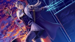 Sunset clouds weapons Anime horns red eyes pink eyes anime 