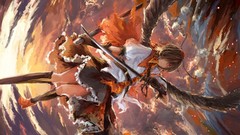 Sunset clouds weapons wings Katana hats flying red eyes gloves 