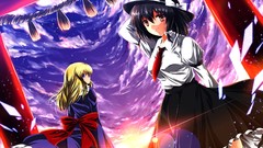 Sunset clouds wind dress back tie hats red eyes Ropes bows 