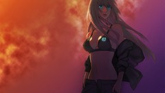 Sunset dark wind smoke lips navel jackets pants pink hair long 